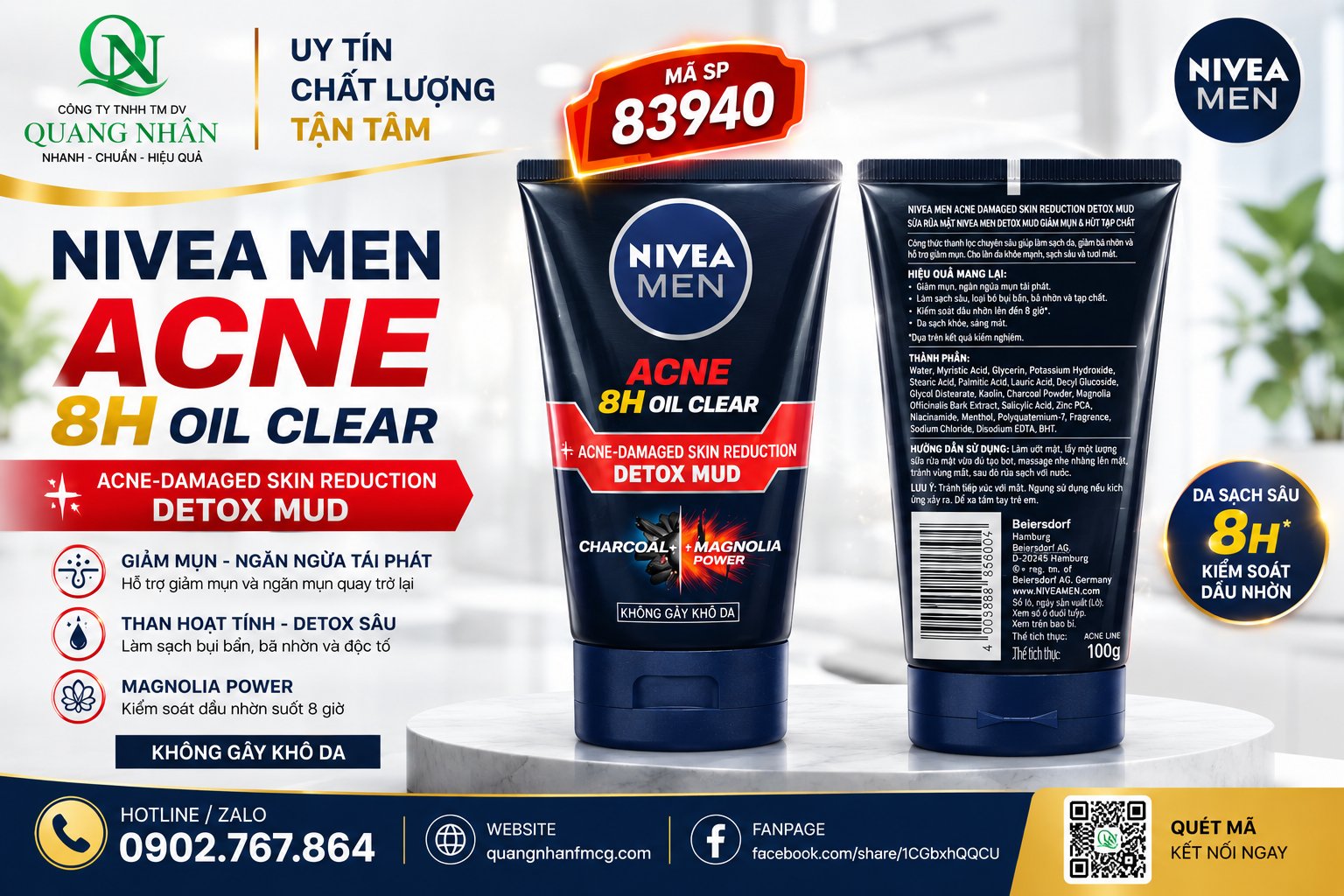 83940 SỮA RỬA MẶT NIVEA NAM ACNE REDUCTION DETOX MUD 100G x 24 CHAI