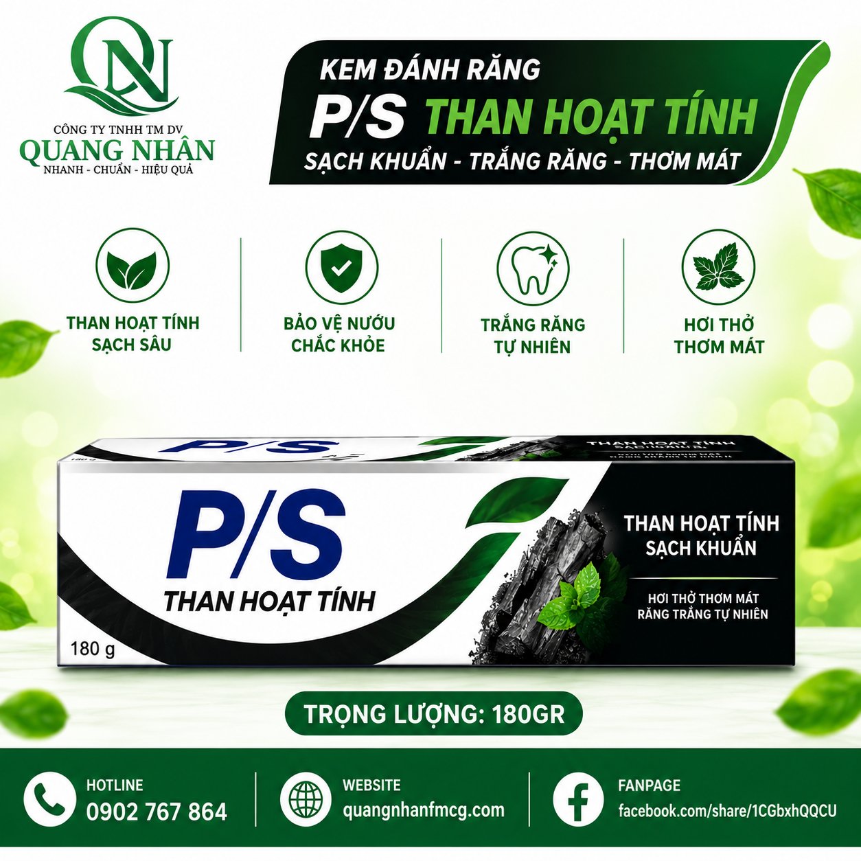 KEM ĐÁNH RĂNG P/S TRẮNG RĂNG THAN HOAT TINH 180G x 36 ống