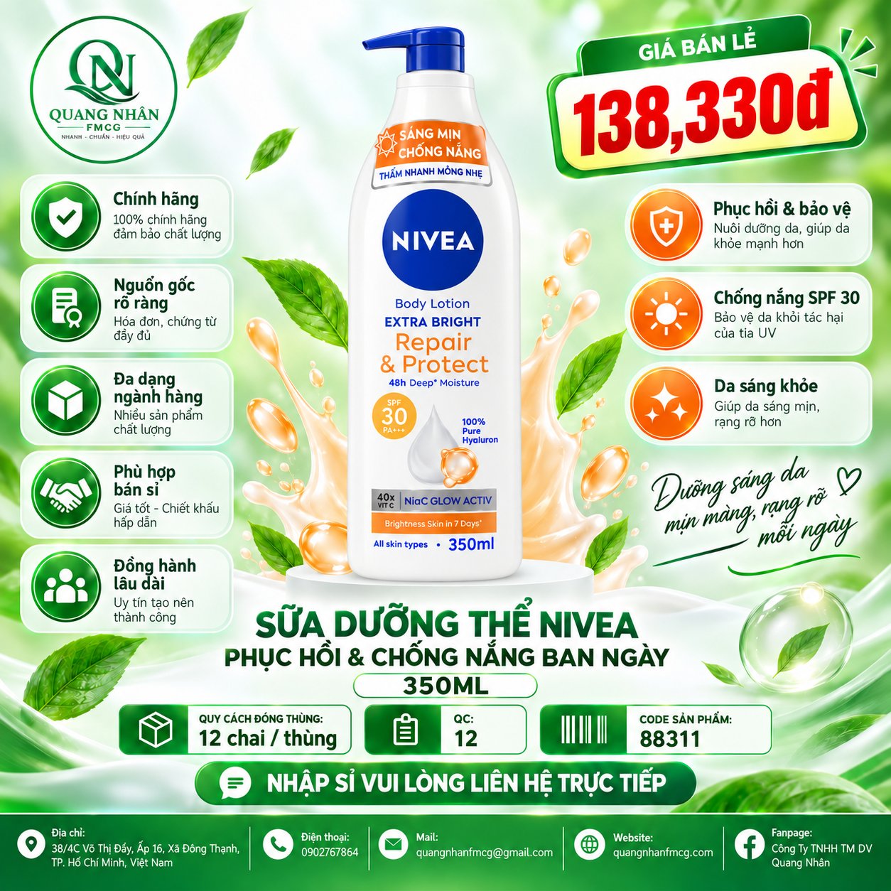 88311 SỮA DƯỠNG THỂ DƯỠNG TRẮNG DA BAN NGÀY PHỤC HỒI CHỐNG NẮNG 350ML ( CAM ) x 12 CHAI
