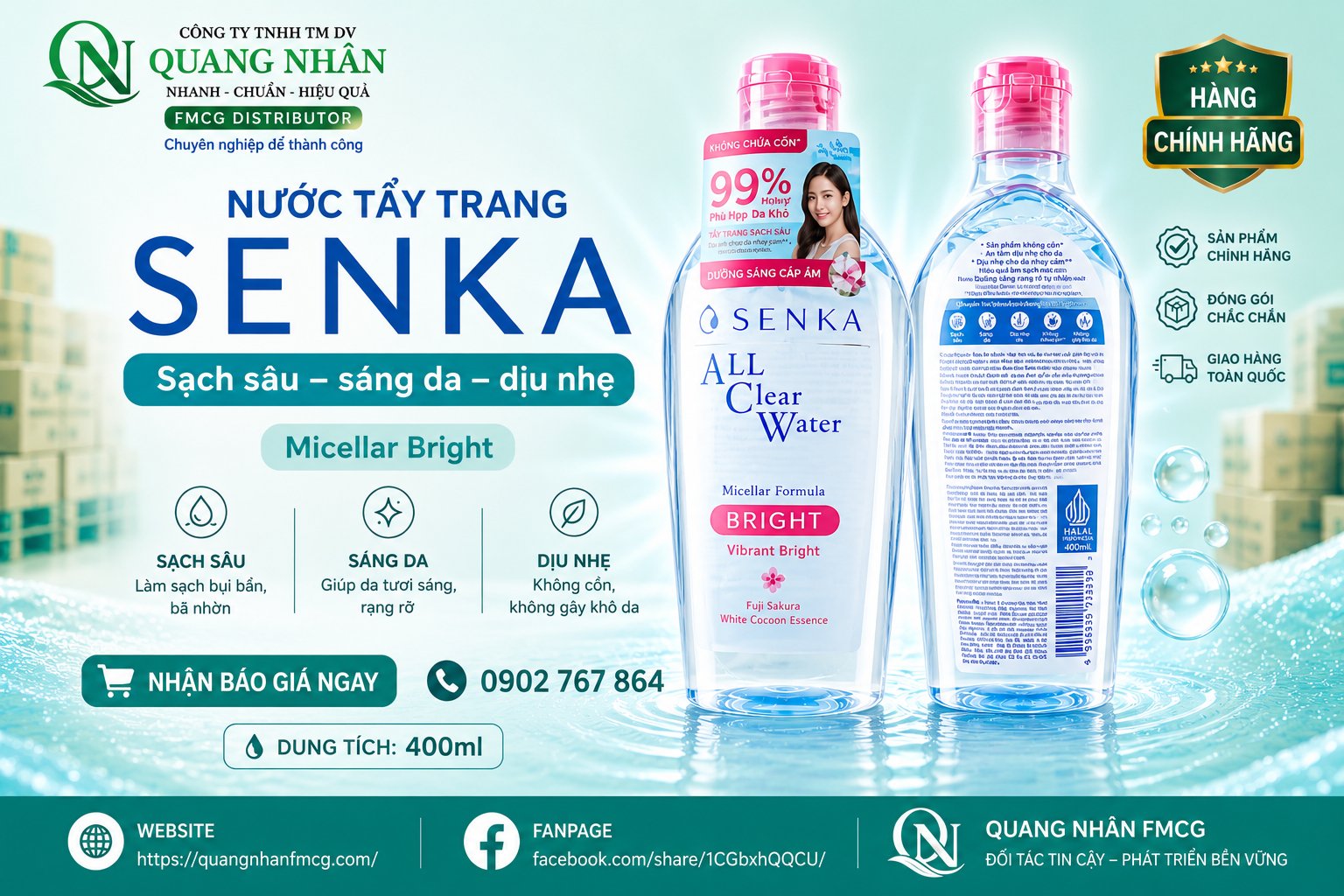 Nước Tẩy Trang Senka White Dưỡng sáng cấp ẩm 400ml x 18 chai ( HỒNG )