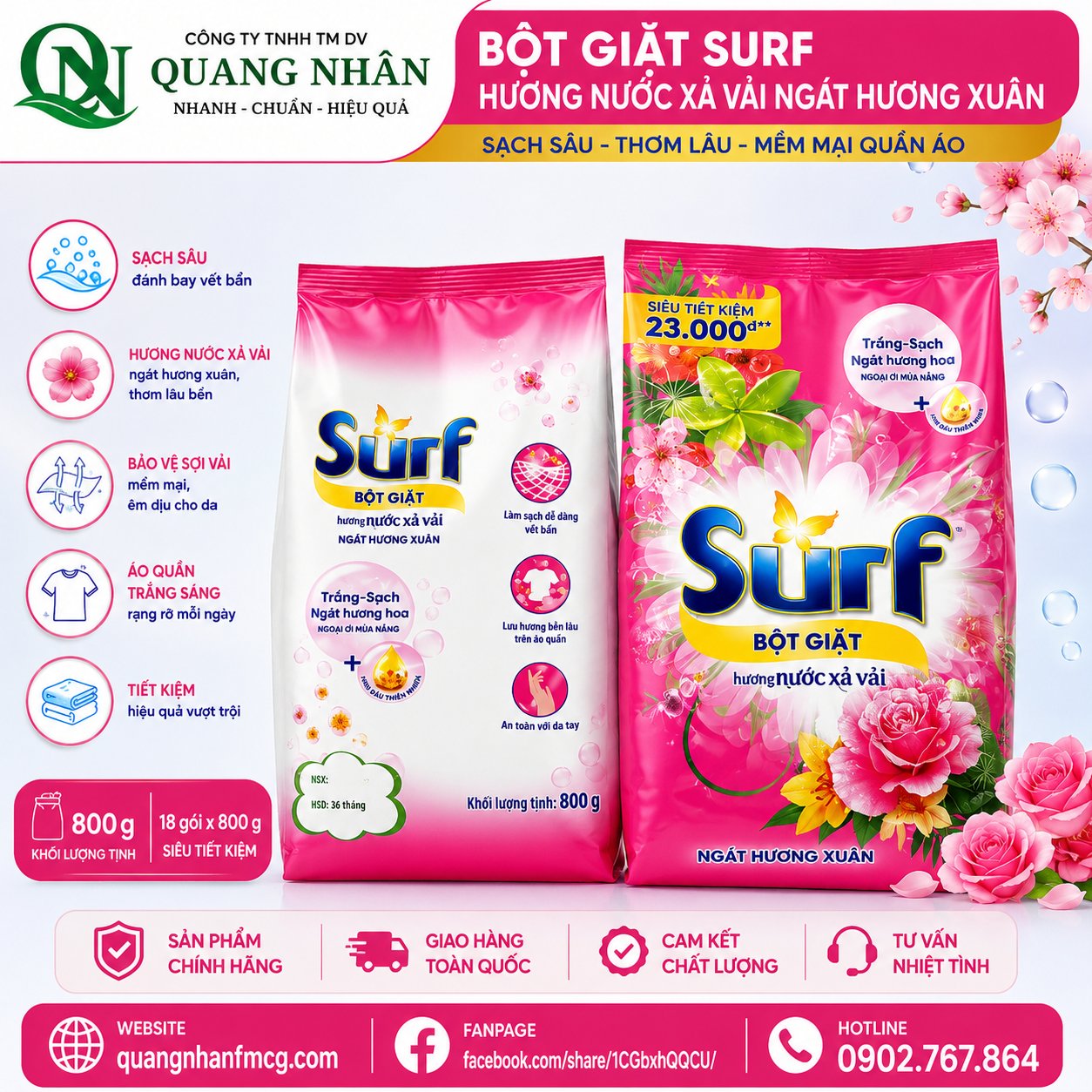 BỘT GIẶT SURF HƯƠNG NGÁT HƯƠNG XUÂN 800G X 18 túi