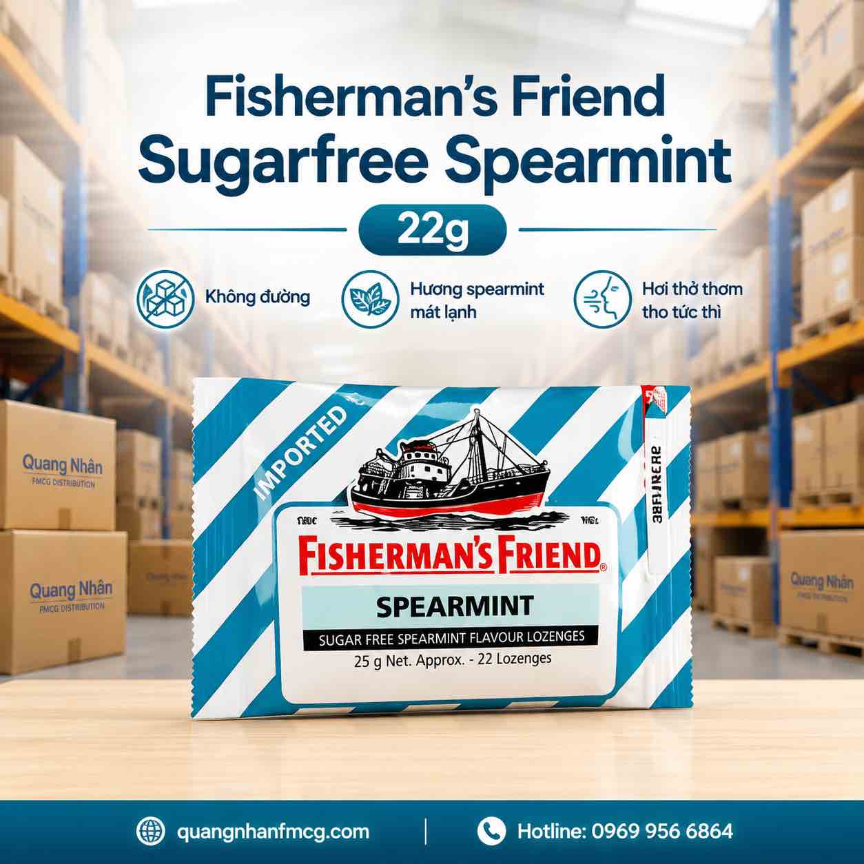 Fisherman’s Friend Spearmint Sugar Free 22g – Kẹo Ngậm Không Đường Hương Bạc Hà Spearmint