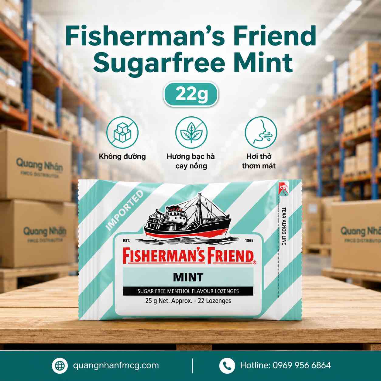 Fisherman’s Friend Mint Sugar Free 22g – Kẹo Ngậm Không Đường Bạc Hà The Mát
