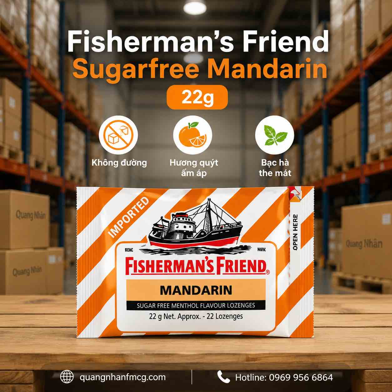 Fisherman’s Friend Mandarin Sugar Free 22g – Kẹo Ngậm Không Đường Hương Quýt The Mát