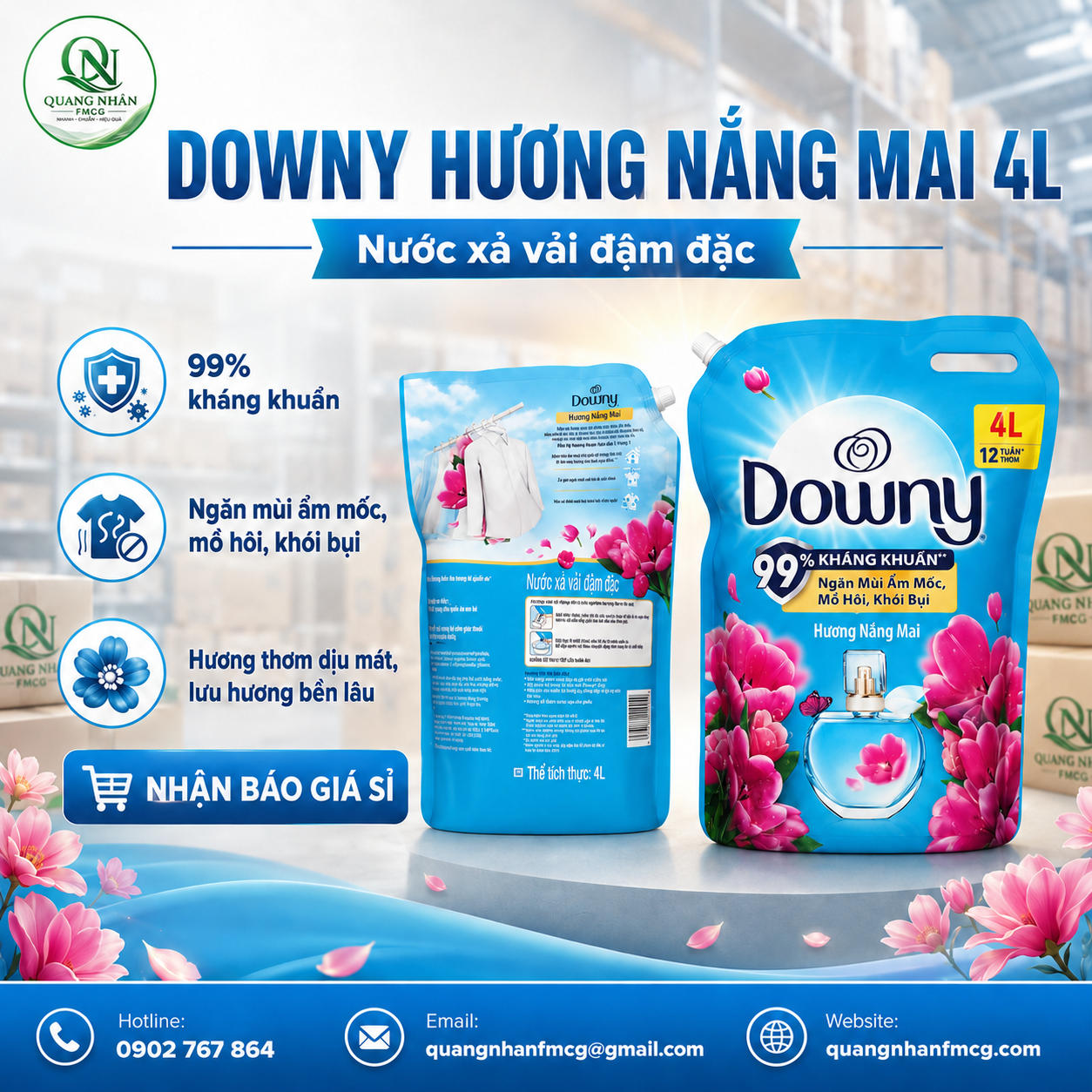 Nước xả vải Downy hương NẮNG MỚI túi 4 lít x 4 Túi