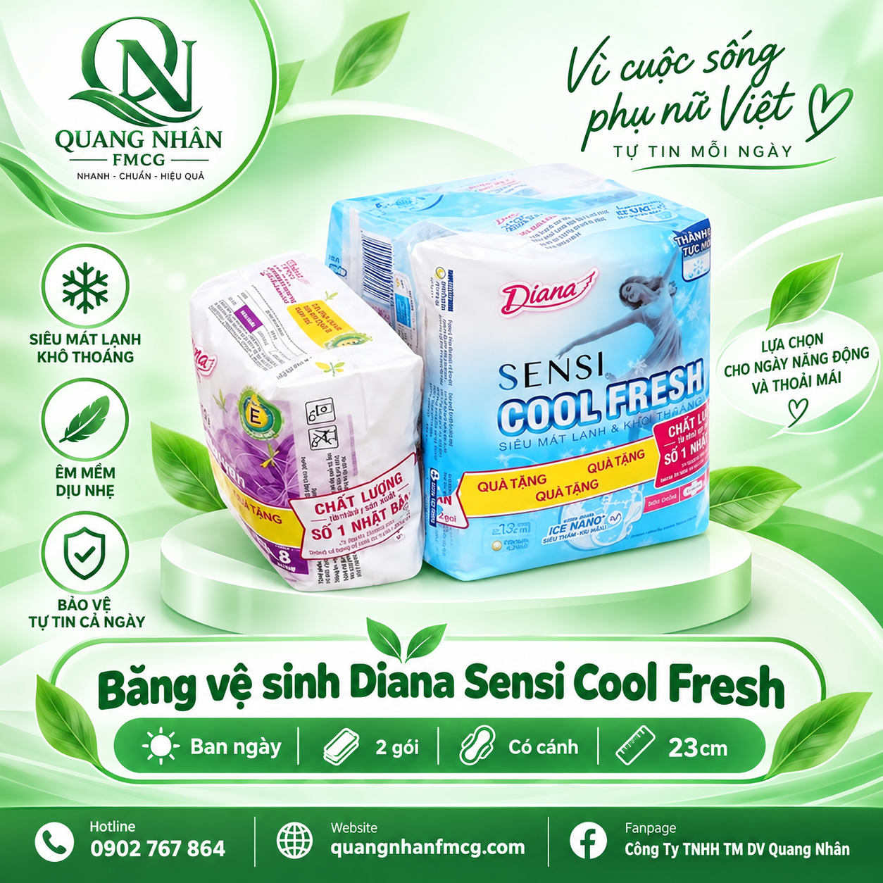 LỐ 2 - BĂNG VỆ SINH DIANA SENSI COOL FRESH SIÊU MỎNG CÁNH 8 Miếng +8M HÀNG NGÀY - 23CM  x 24 BỘ