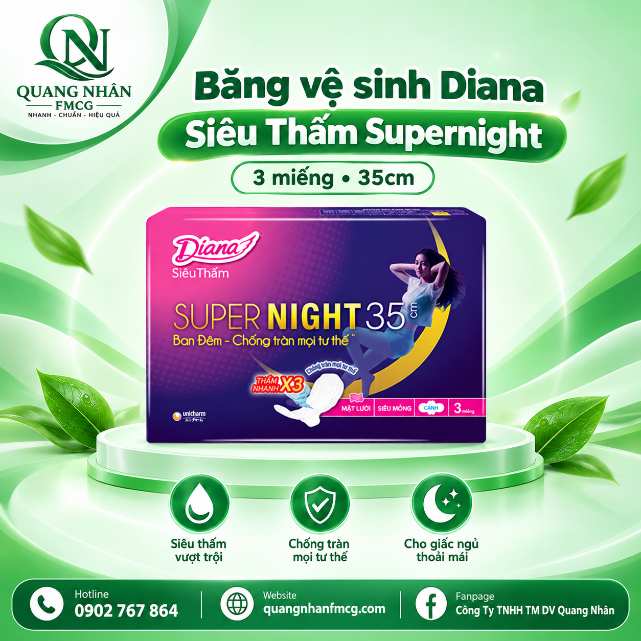 BĂNG VỆ SINH DIANA SIÊU THẤM SUPERNIGHT 3 Miếng - 35CM x 48 gói