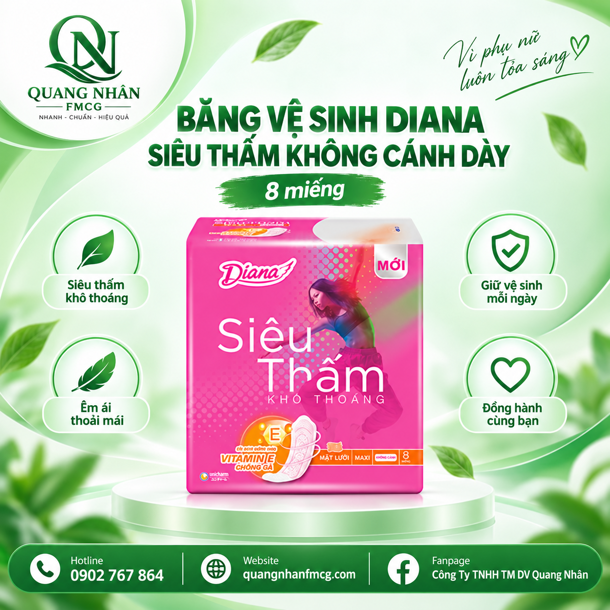 BĂNG VỆ SINH DIANA SIÊU THẤM KHÔNG CÁNH DÀY - 8 Miếng x 48 gói