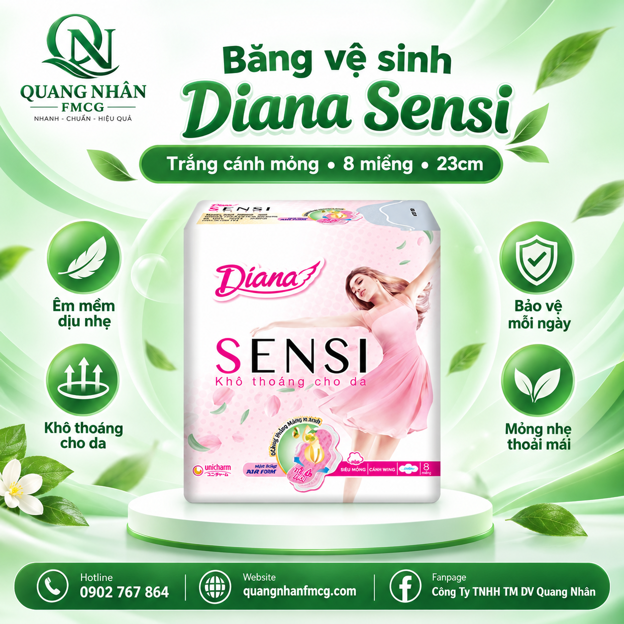 BĂNG VỆ SINH DIANA SENSEI TRẮNG CÁNH MỎNG 8 MIẾNG - 23CM x 48 gói