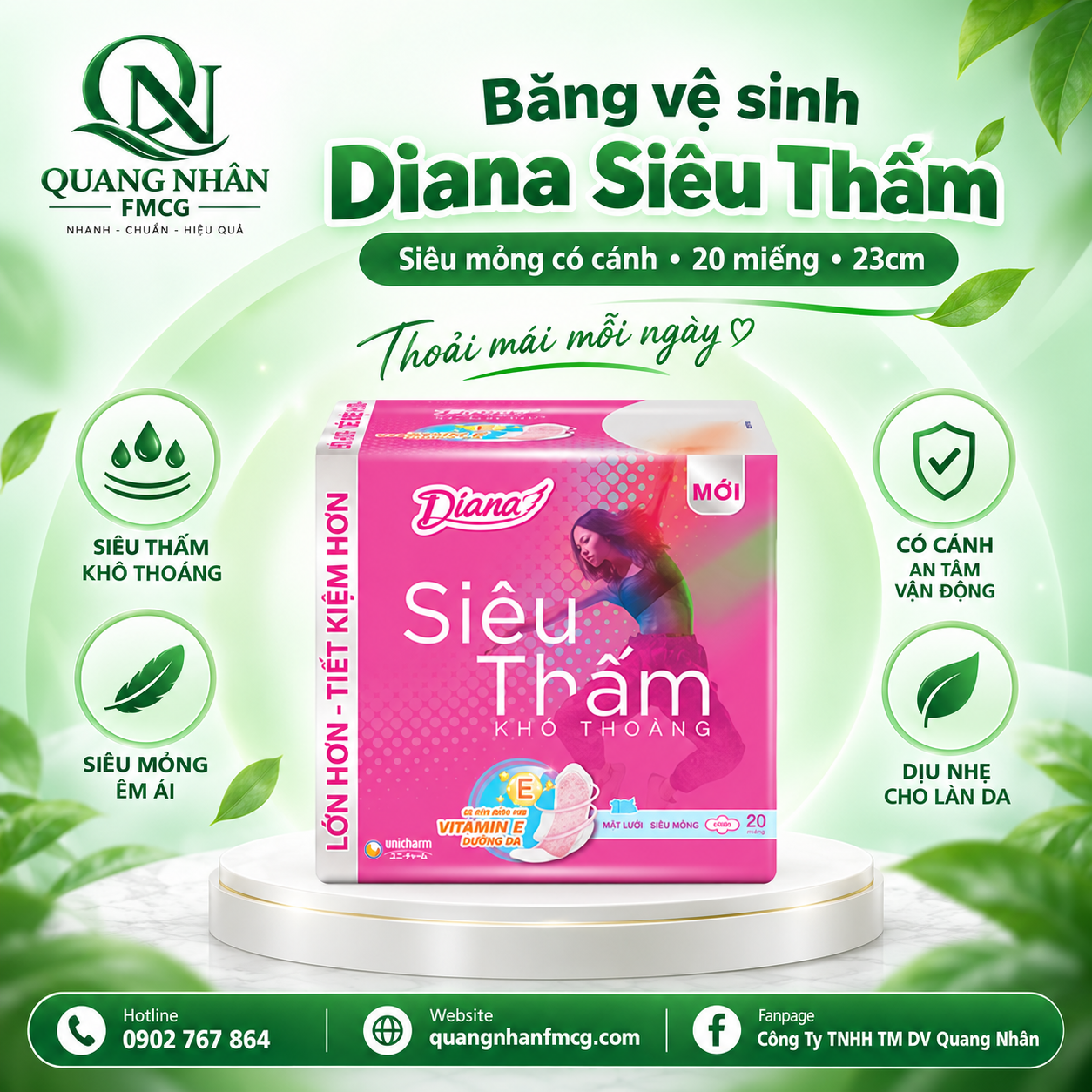 BĂNG VỆ SINH DIANA SIÊU THẤM SIÊU MỎNG CÁNH 8 Miếng -23CM x 48 gói