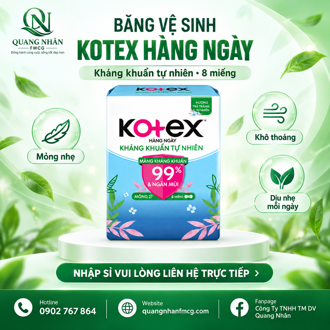 BĂNG VỆ SINH KOTEX HẰNG NGÀY KHÁNG KHUẨN - 8 MIẾNG  x 48 gói