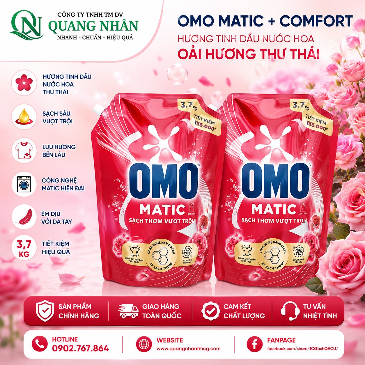 NƯỚC GIẶT OMO MATIC SẠCH THƠM VƯỢT TRỘI 3.7KG X 4 TÚI