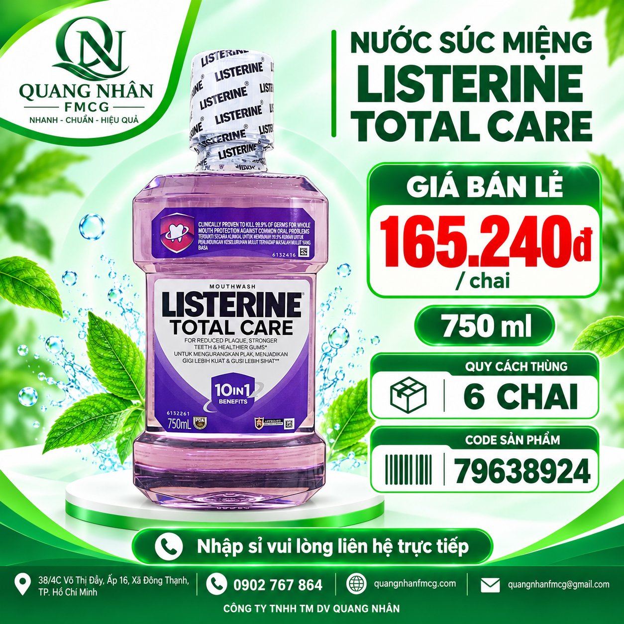 Nước súc miệng Listerine Total Care Mouthwash chăm sóc toàn diện 10in1 750ml * 12 chai / Thùng