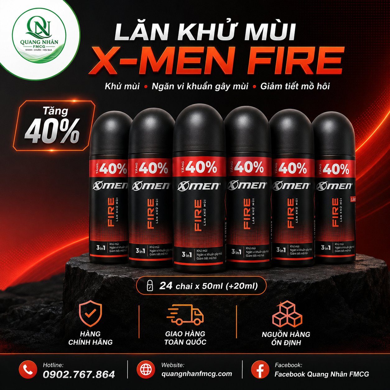 LĂN KHỬ MÙI XMEN FIRE 50ML + 40% ( 70ML ) X 24 CHAI