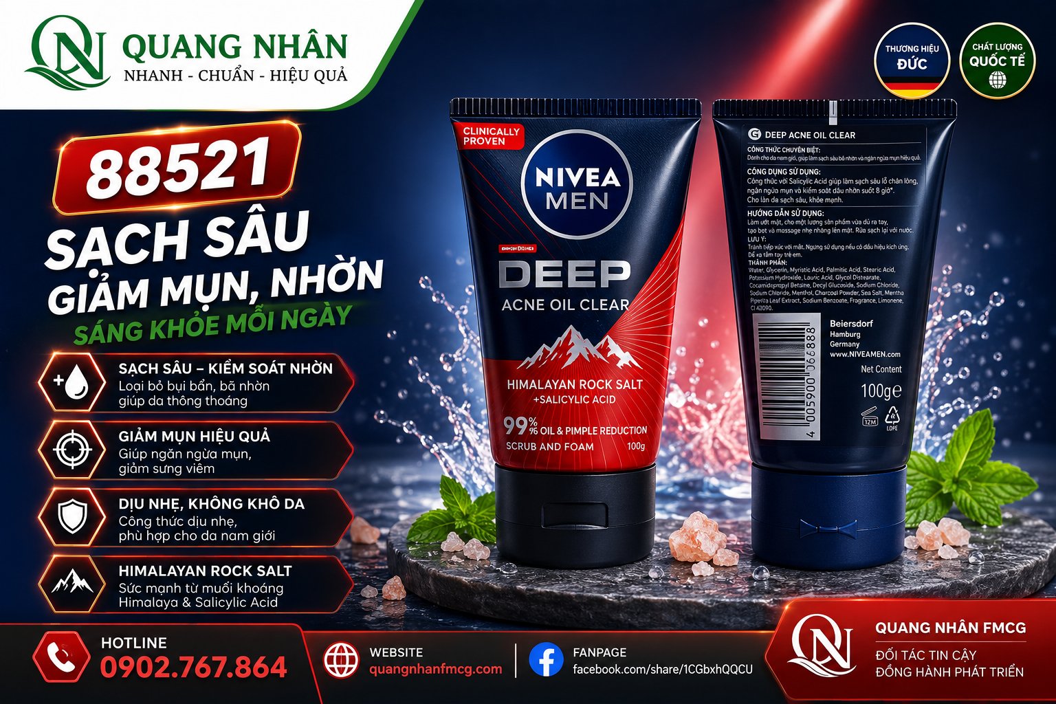 88521 SỬA RỮA MẶT NAM NIVEA DEEP HIMA CLEAR 100G x 24 CHAI