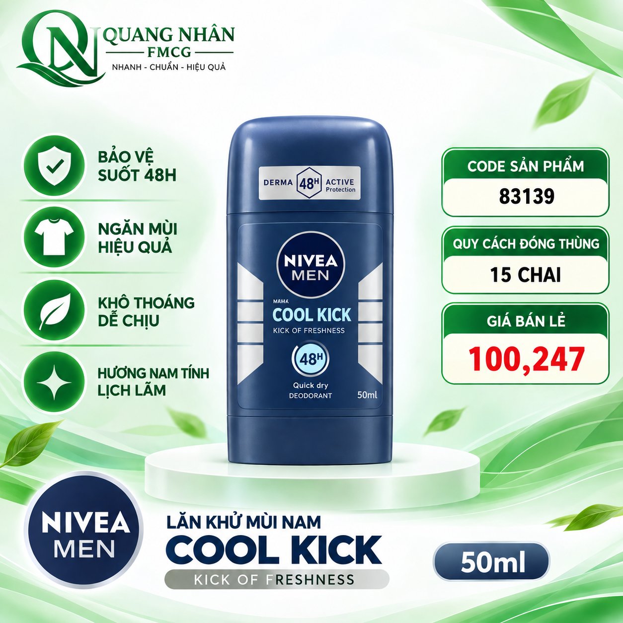83139- Sáp Ngăn Mùi NIVEA MEN Cool Kick Mát Lạnh (50 ml) x 15 chai