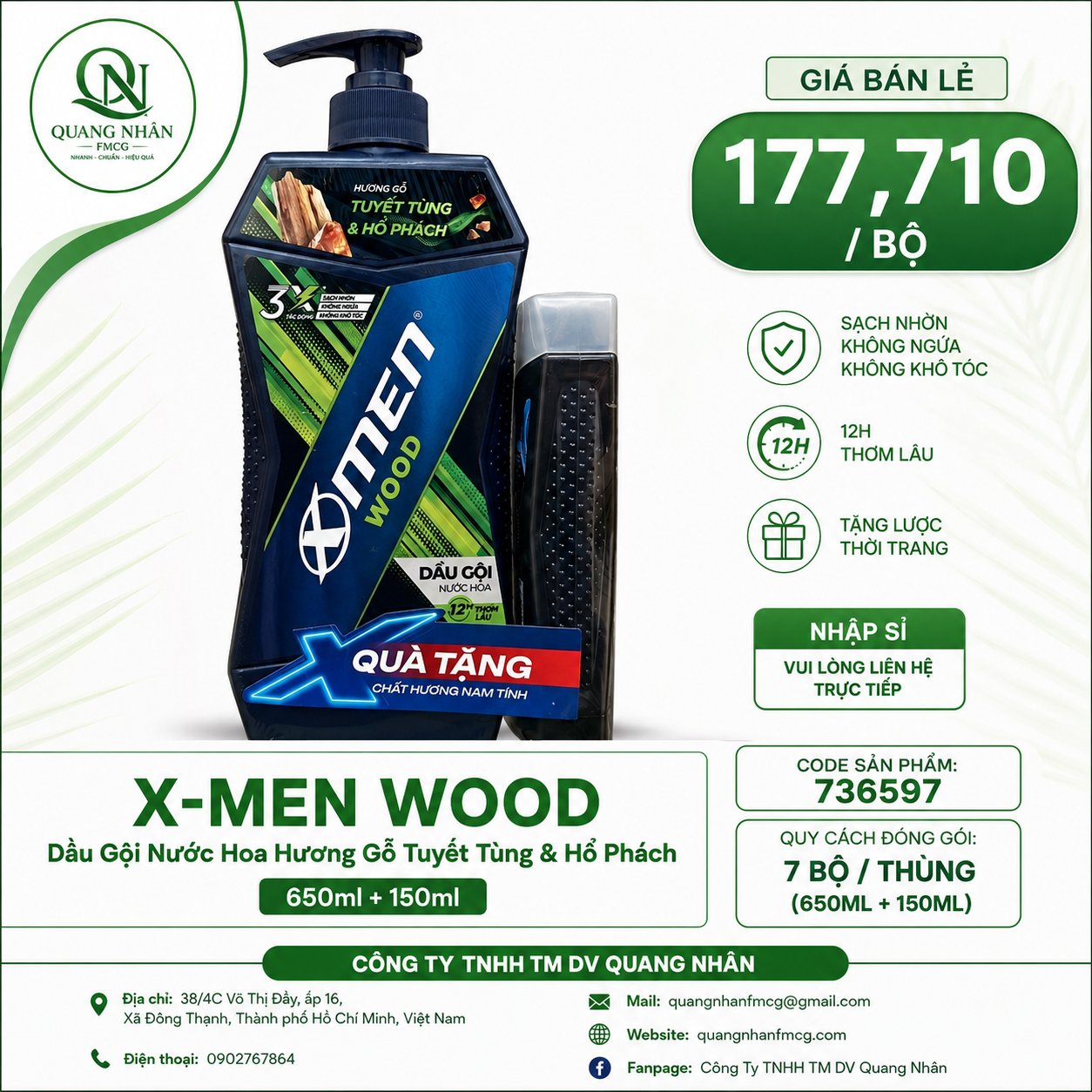 DẦU GỘI NƯỚC HOA XMEN WOOD 12h sạch sâu 650ML +150ml x 12 CHAI