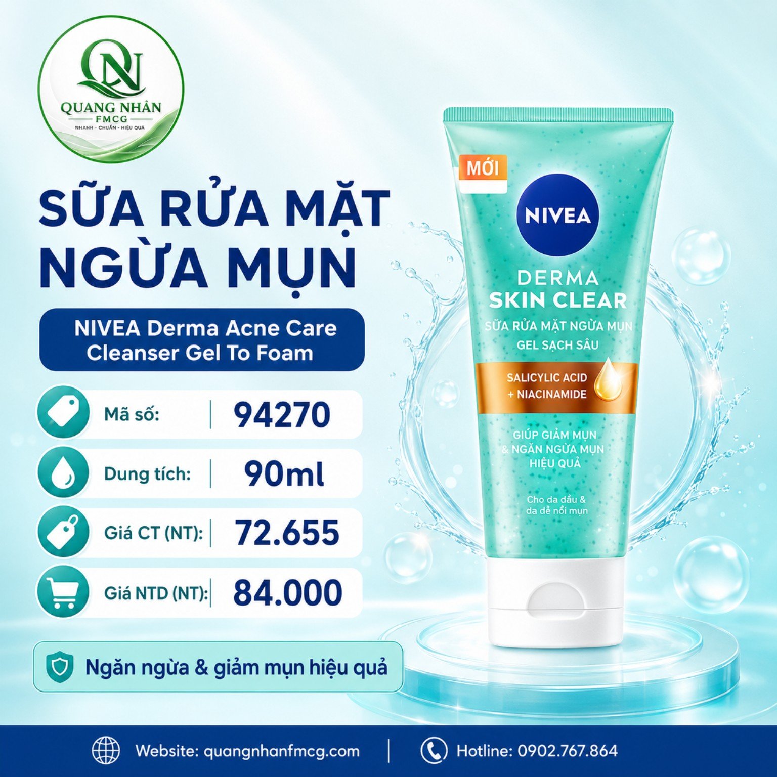 94270 - SỮA RỬA MẶT NIVEA DERMA ACNE CARE 90ml x 24 tuýp