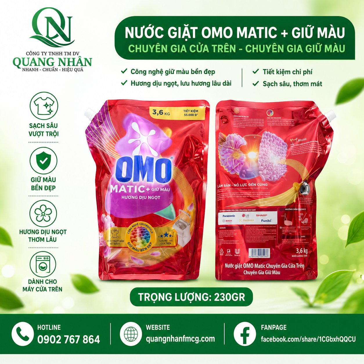 NƯỚC GIẶT OMO MATIC CỬA TRÊN CHUYÊN GIA GIỮ MÀU 3.6KG x 4 TÚI