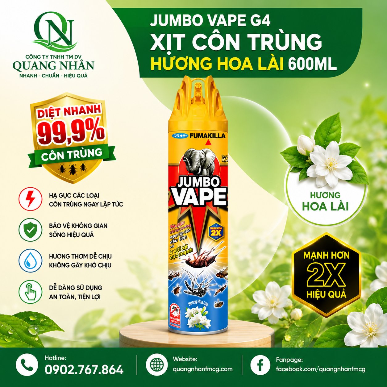 XỊT CÔN TRÙNG JUMBO VAPE G4 H.HOA LAI 600ML x 24 chai