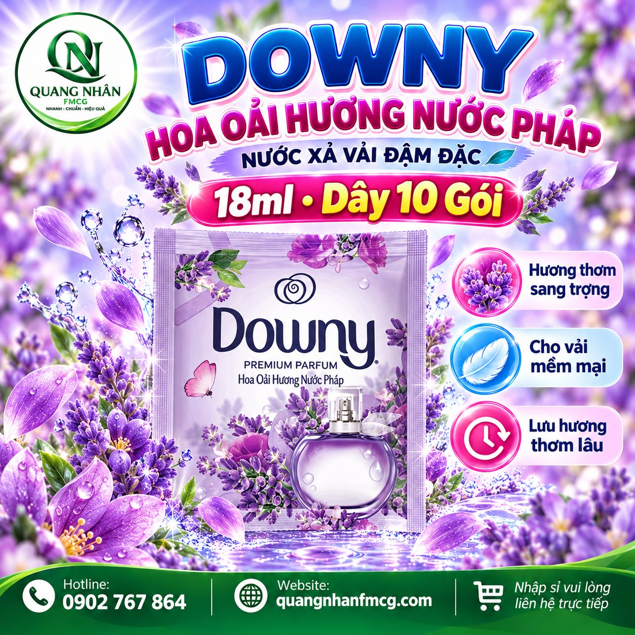 Downy oải hương dây 10 gói 18ml x42(3.23)