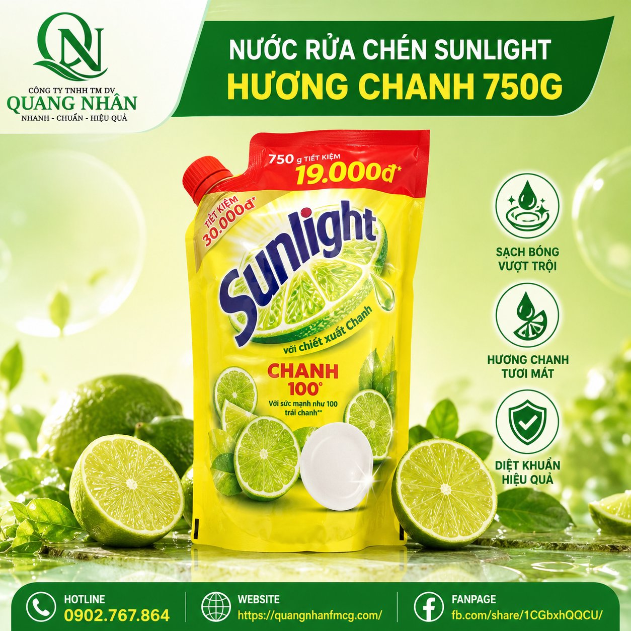 NƯỚC RỬA CHÉN SUNLIGHT HƯƠNG CHANH 750G x 18 túi