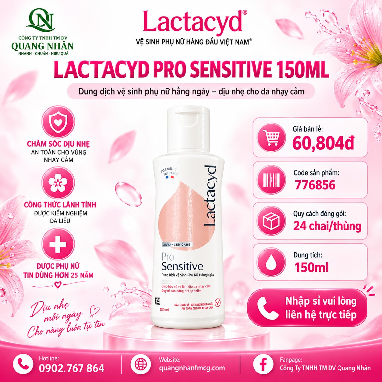 LACTACYD FEMININE WASH 150ML PRO SENSITIVE VN X 24 chai