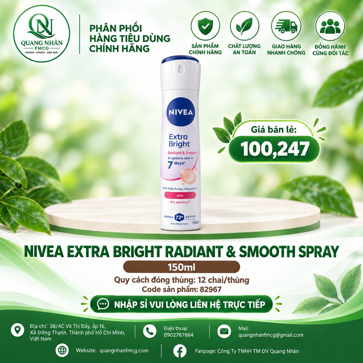 82967 -1 XỊT NGĂN MÙI NIVEA NỮ Sáng Mịn Tối Ưu 150ML x 12 CHAI