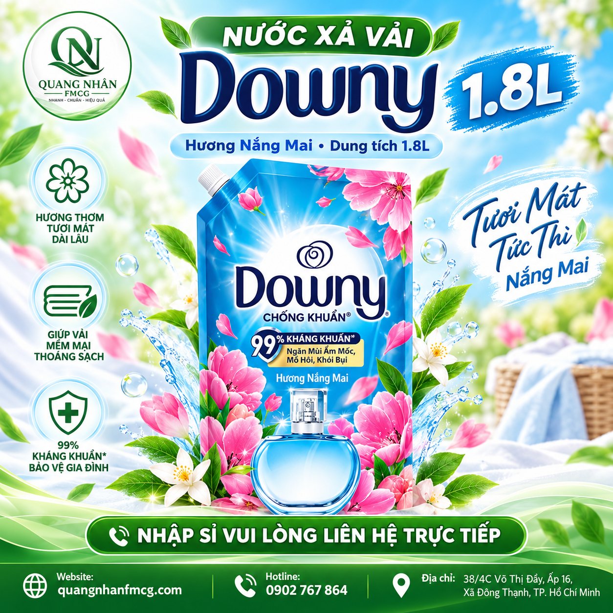 Nước Xả Vải Downy Hương Nắng Mai Chai 1.8l x 4 túi