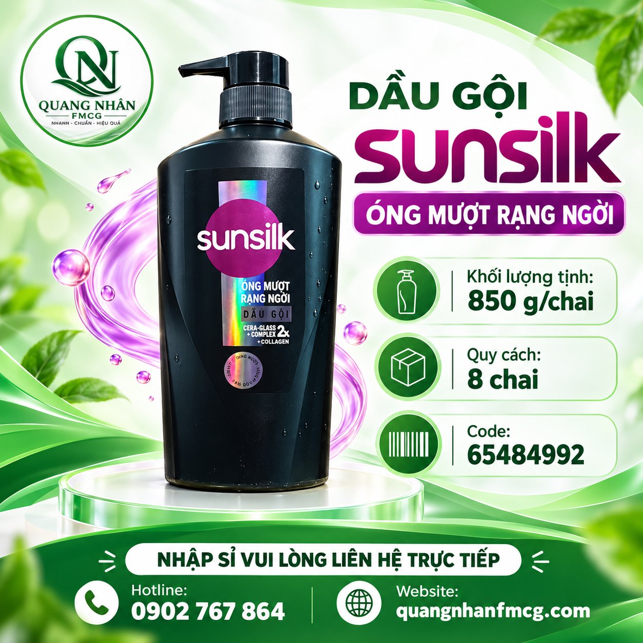 DẦU GỘI SUNSILK ÓNG MƯỢT RẠNG NGỜI 850G X 8 CHAI