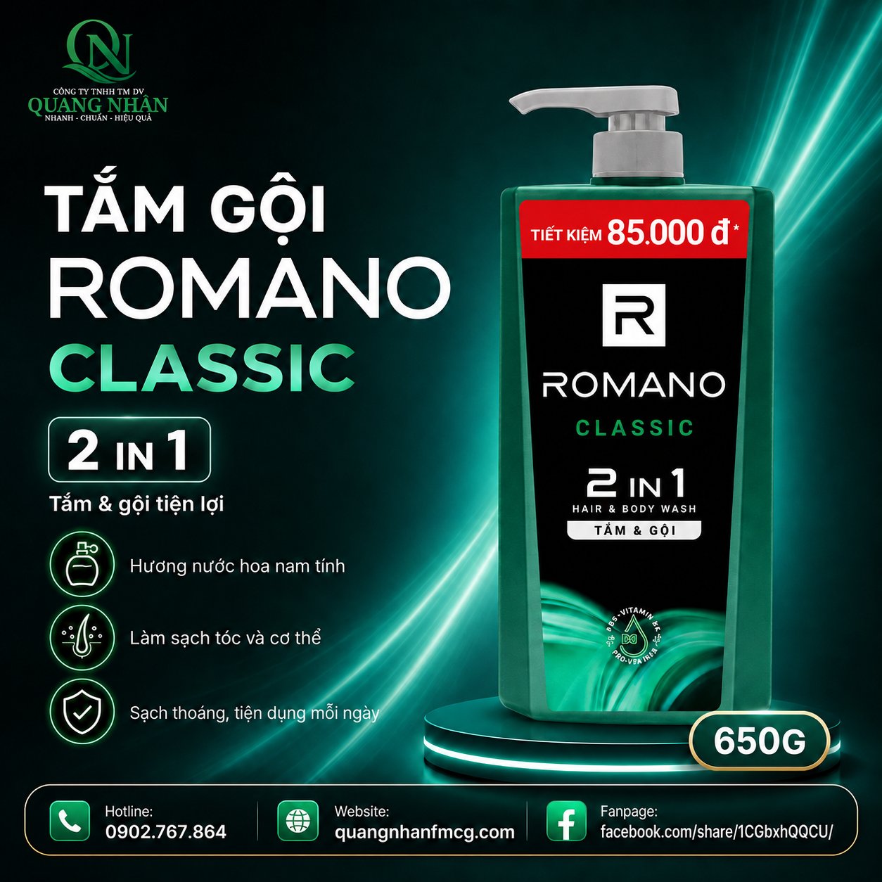 TẮM GỘI ROMANO CLASSIC ( MÀU XANH ) 650ML +25% x 12 Chai / Thùng