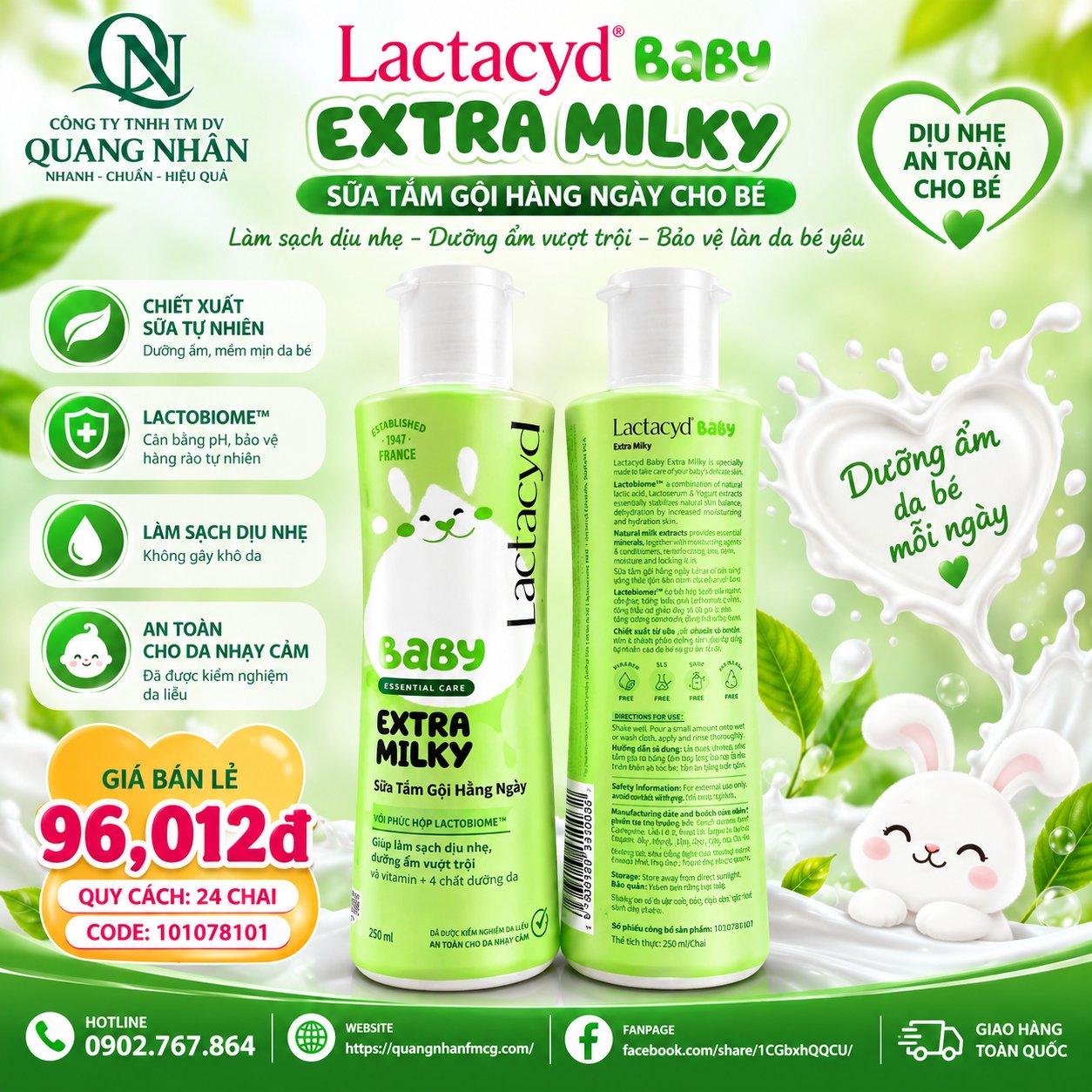 LACTACYD BABY EXTRA MILKY 250ML X 24 CHAI