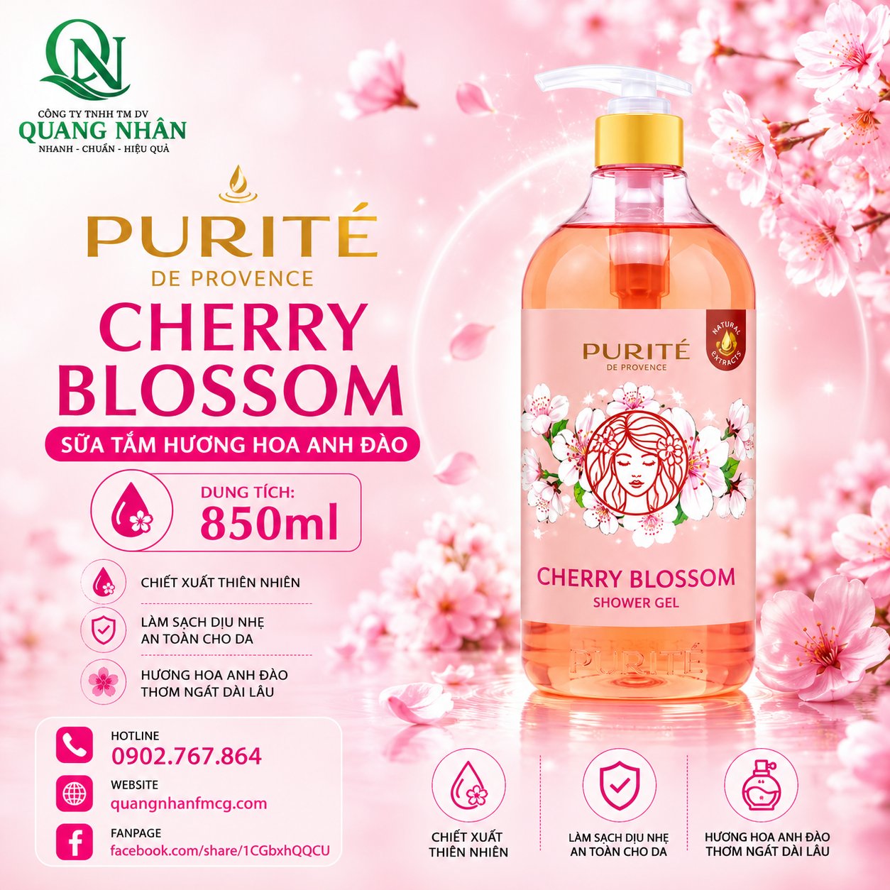 SỮA TẮM THIÊN NHIÊN PURITE CHERRY BLOSSOM HƯƠNG HOA ANH ĐÀO 850mL * 12 CHAI
