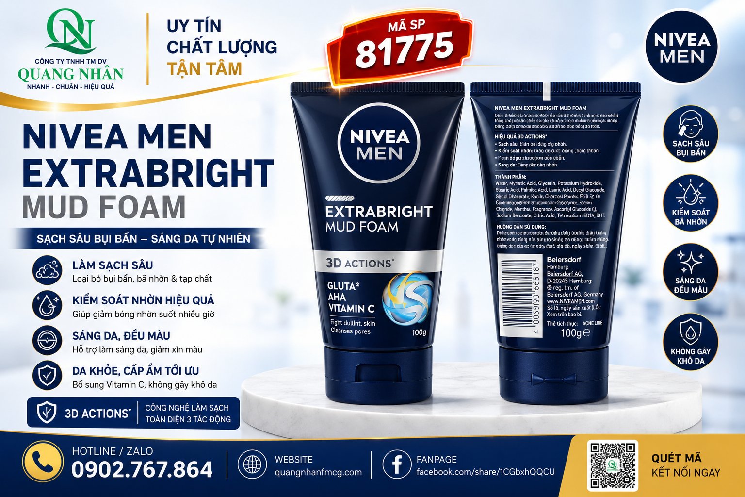 81775 SỮA RỬA MẶT NIVEA NAM EXTRA BRIGHT MUD 100G x 24 CHAI