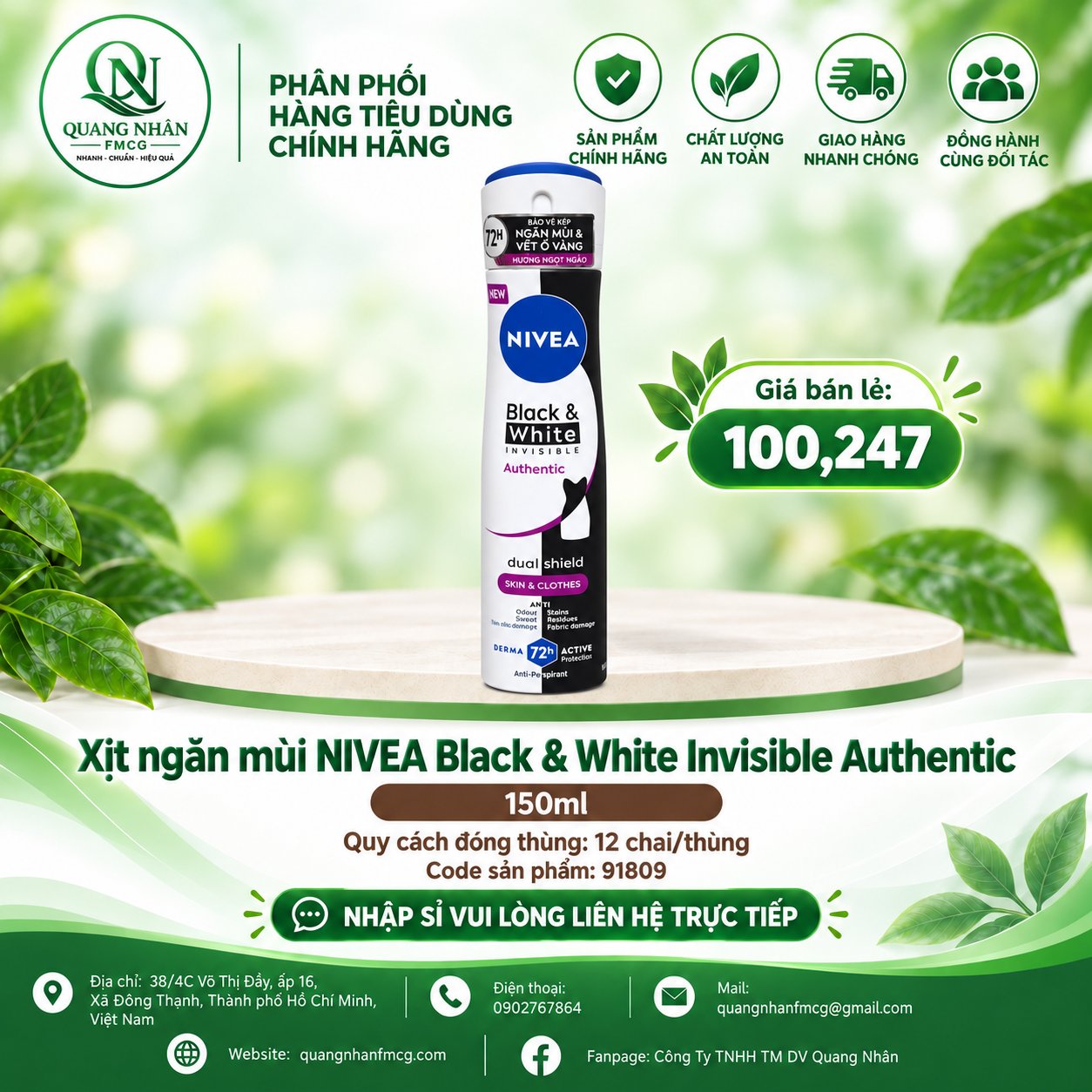 91809 NIVEA XNM B&W AUTHENTIC 150ML x 12 Chai