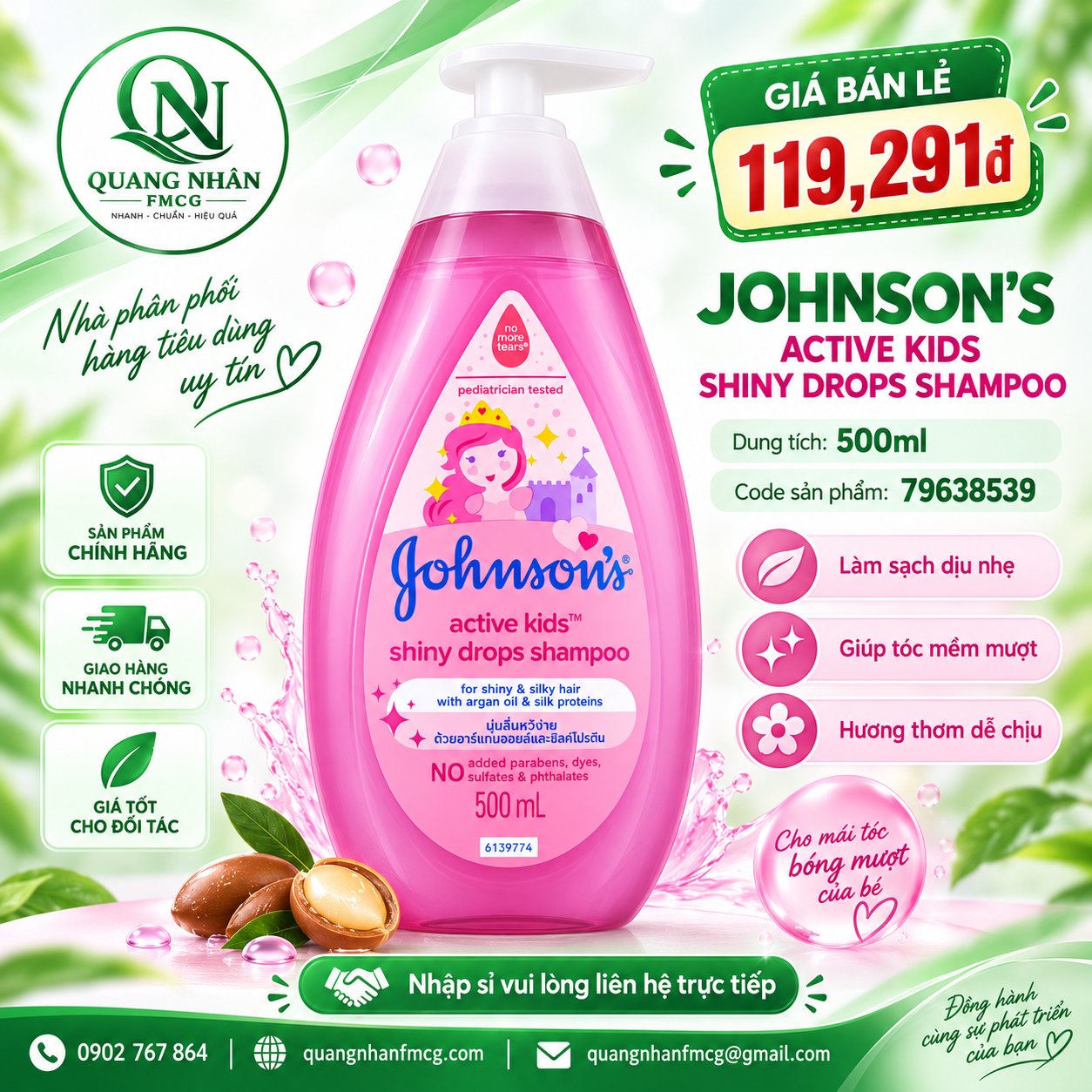 Dầu Gội johnson active kid shiny drops 500ml (hồng) x 12 Chai