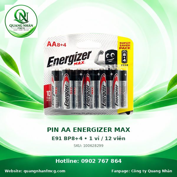 PIN AA ENERGIZER MAX E91 BP8+4) x 10 vỉ