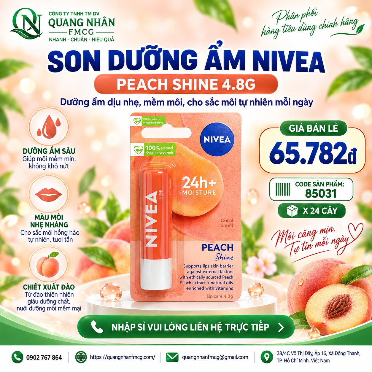 85031 SON DƯỠNG ẨM NIVEA PEACH SHINE 4.8G ( VỊ ĐÀO ) x 24 CHAI