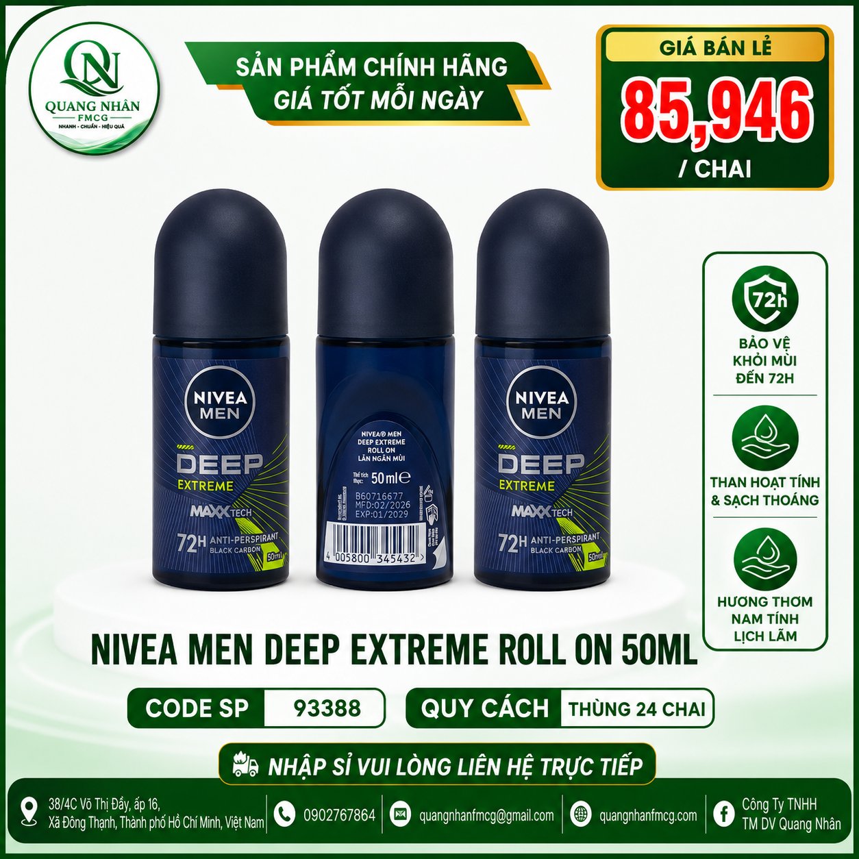 93388 - Lăn ngăn mùi NIVEA Men Deep Extreme Hương Năng Động 50ml x 24 chai