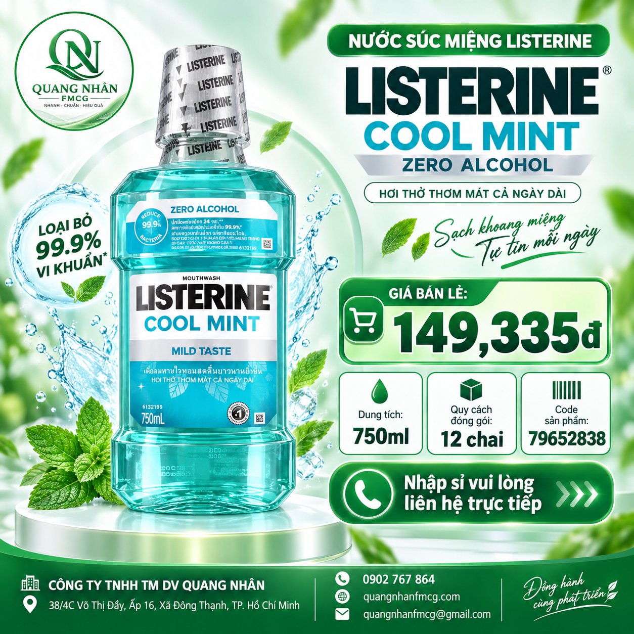 Nước súc miệng Listerine Coolmint Zero Alcohol chai 750m * 12 Chai / thùng