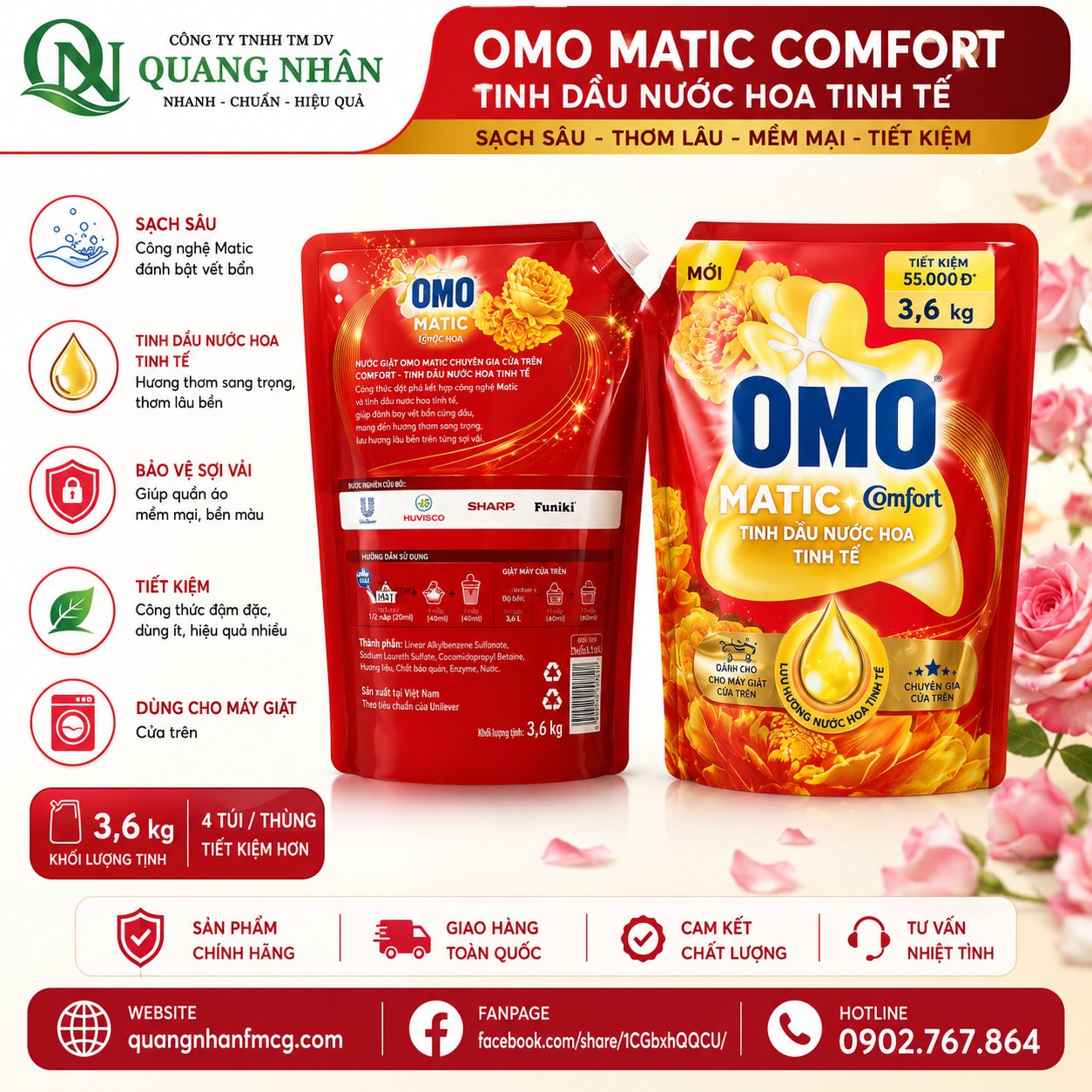 NƯỚC GIẶT OMO MATIC CHUYÊN GIA CỬA TRÊN TINH DẦU NƯỚC HOA TINH TẾ 3.6KG x 4 TÚI
