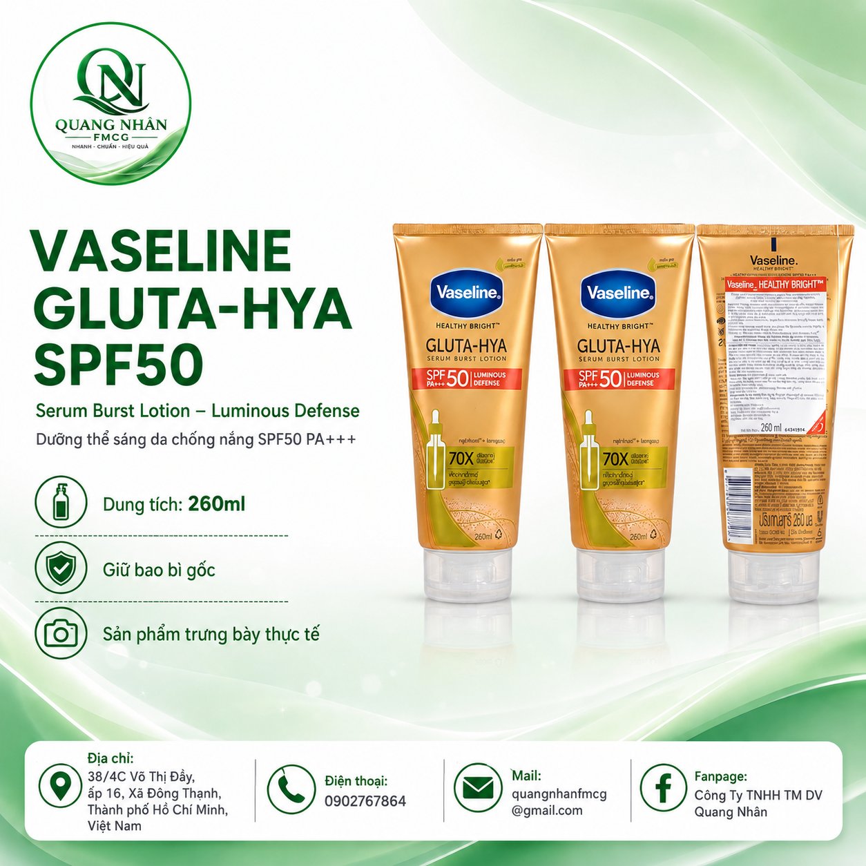 SỮA DƯỠNG THỂ VASELINE Gluta HYA SPF 50 300ML x 12 CHAI