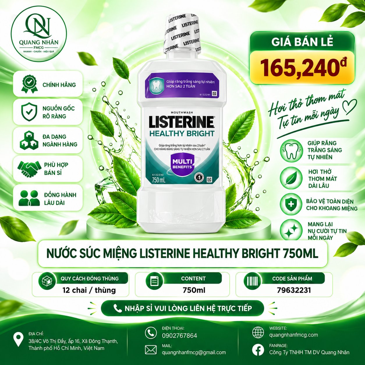 Nước Súc Miệng LISTERINE HEALTHY BRIGHT CHO RĂNG TRẮNG SÁNG TỰ NHIÊN HƠN SAU 2 TUẦN 750ml x 12 chai
