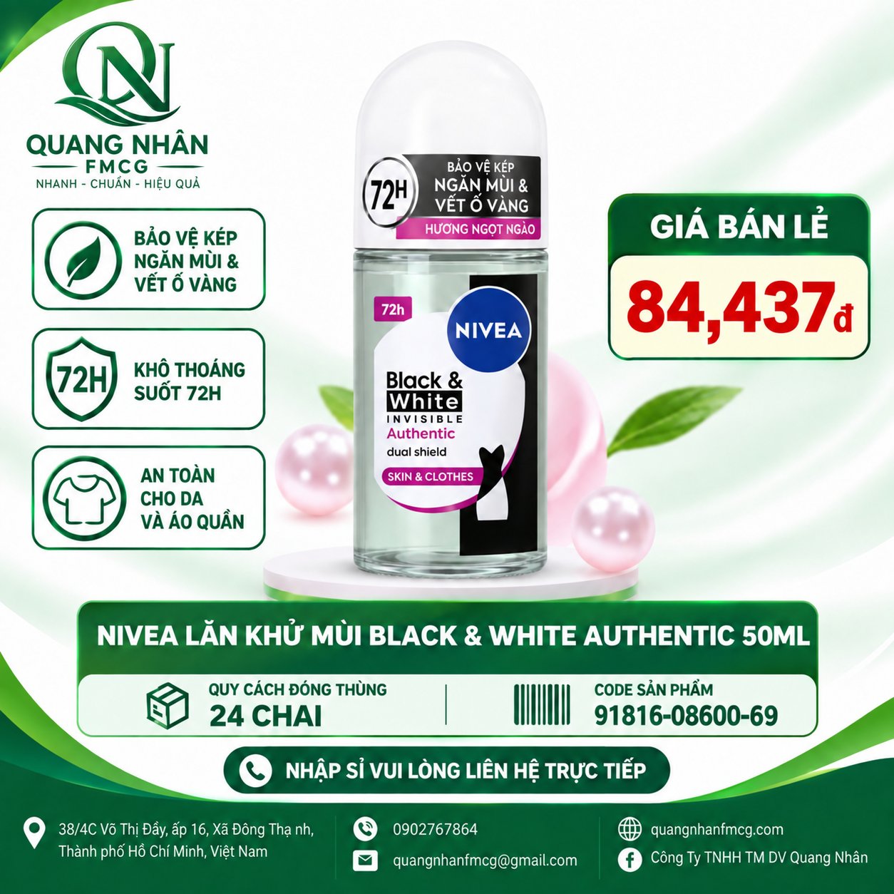 91816 Lăn ngăn mùi NU B&W AUTHENTIC 50ML x 24 chai