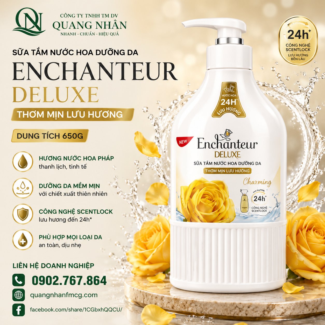 SỮA TẮM ENCHANTEUR NƯỚC HOA 650G MẪU MỚI X 12 CHAI (VÀNG)