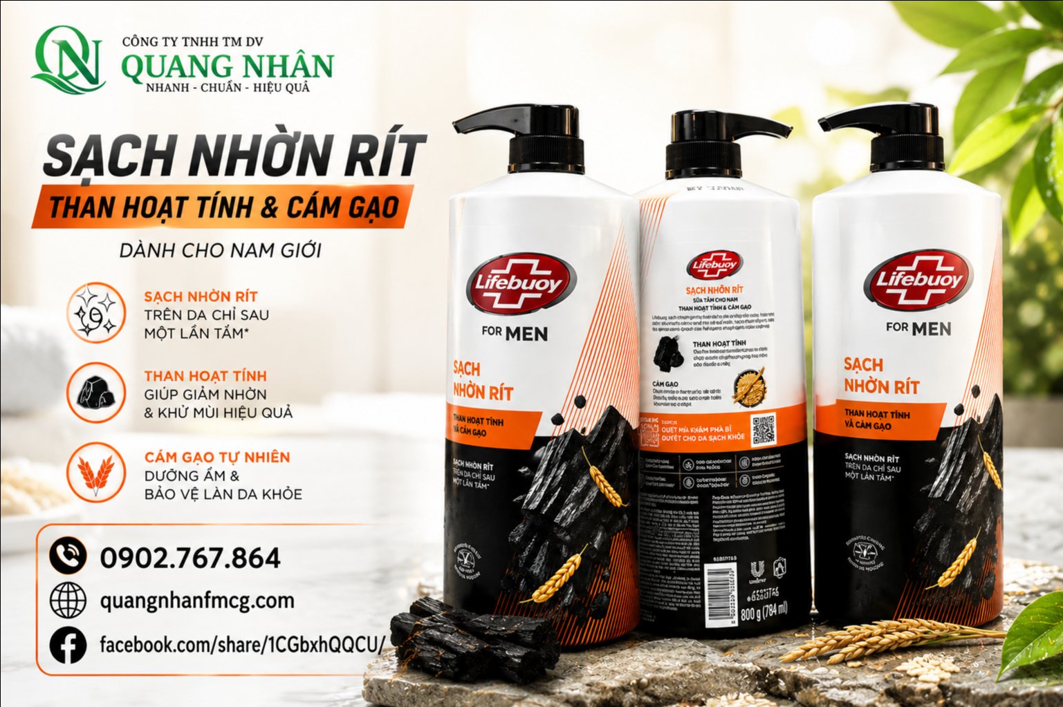 SỮA TẮM LIFEBUOY THAN HOẠT TÍNH CÁM GẠO 800ML/12 CHAI