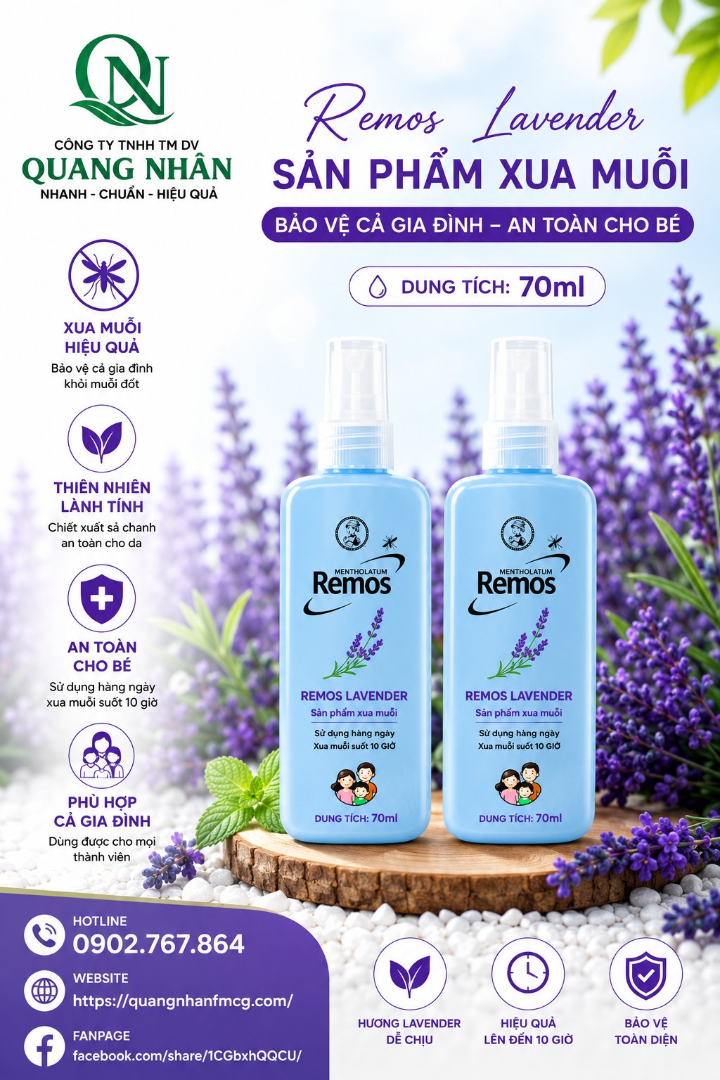 XỊT CHỐNG MUỖI REMOS HƯƠNG LAVENDER 70gr * 75 chai / thùng
