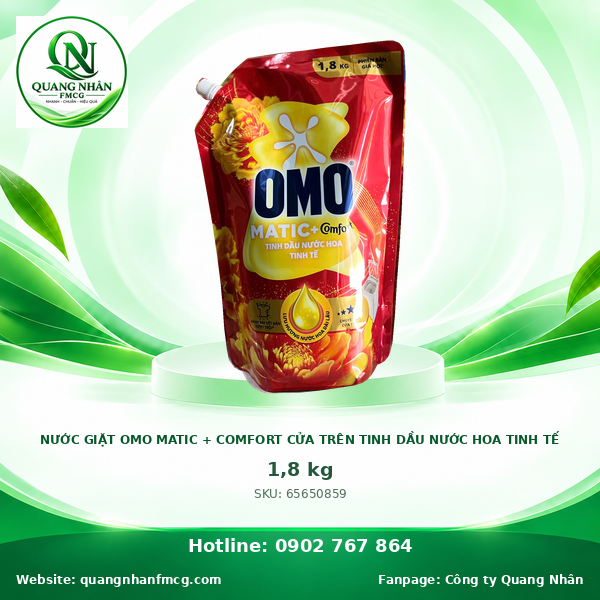 NƯỚC GIẶT OMO MATIC + COMFORT CỬA TRÊN TINH DẦU NƯỚC HOA TINH TẾ 1.8KG X 4 TÚI