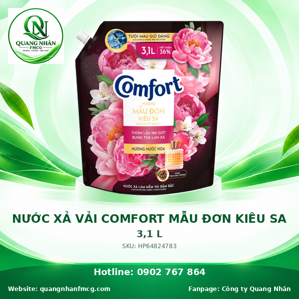 NƯỚC XẢ VẢI COMFORT HƯƠNG NƯỚC HOA MẪU ĐƠN KIÊU SA 3.1L x 4 TÚI
