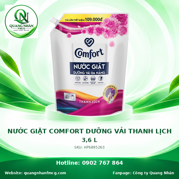 NƯỚC GIẶT COMFORT DƯỠNG VẢI THỜI THANH LỊCH ( HỒNG ) 3.6L x 4 TÚI